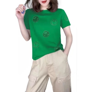 PS23928# 绿色笑脸刺绣设计圆领短袖内搭T恤上衣女欧洲站春季新款潮 服装批发女装直播货源