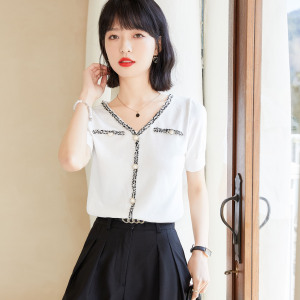 RM819#夏季珍珠扣短袖T恤女气质冰丝针织衫