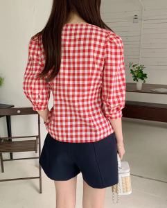 PS48452# 韩国chic秋装新款设计感小众格纹格子短袖衬衫女衬衣 服装批发服饰直播货源