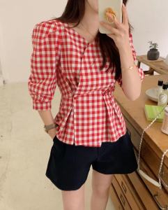 PS48452# 韩国chic秋装新款设计感小众格纹格子短袖衬衫女衬衣 服装批发服饰直播货源