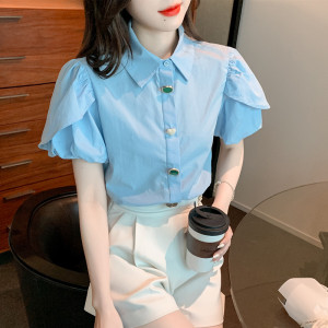 PS19900# 蓝色泡泡袖衬衫女夏季新款设计感小众翻领别致短袖上衣 服装批发女装直播货源