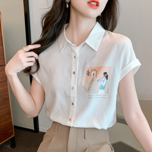 RM10684#夏季新款法式设计感小众时髦上衣气质翻领印花短袖宽松衬衫女