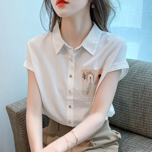 RM10684#夏季新款法式设计感小众时髦上衣气质翻领印花短袖宽松衬衫女