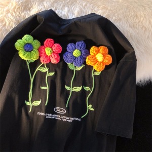 PS19774# 新款绣花立体日系花朵可爱设计感小众短袖T恤 服装批发女装直播货源