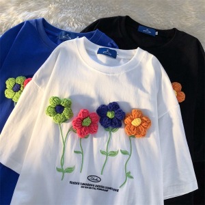 PS19774# 新款绣花立体日系花朵可爱设计感小众短袖T恤 服装批发女装直播货源