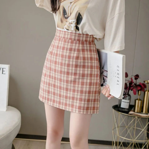  summer new Plaid short skirt women's half body is thin, fashionable and versatile A-line skirt Korean High Waist Hip Wrap short skirt