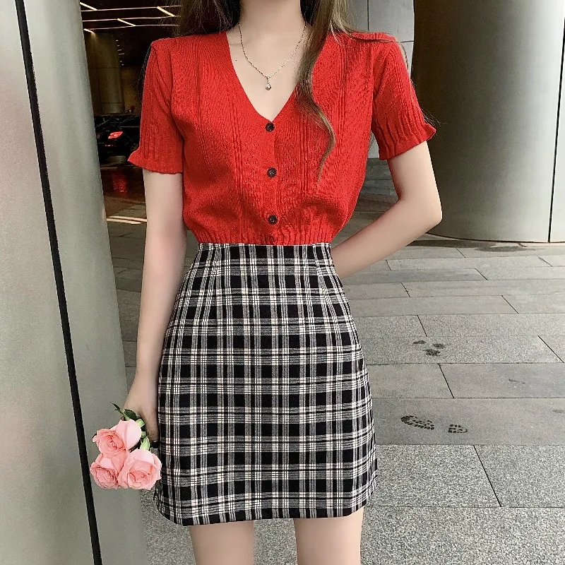  summer new Plaid short skirt women's half body is thin, fashionable and versatile A-line skirt Korean High Waist Hip Wrap short skirt
