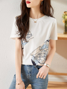 RM3663#韩版时尚纯棉短袖T恤女2023夏季新款设计感小众洋气印花半袖上衣