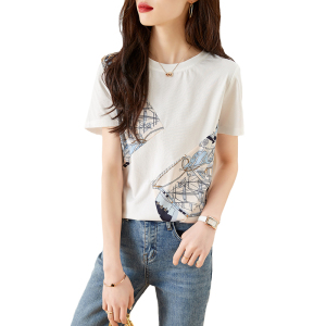 RM3663#韩版时尚纯棉短袖T恤女2023夏季新款设计感小众洋气印花半袖上衣