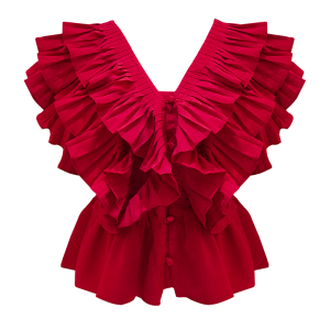 PS19517# 夏季新款时尚收腰短款设计感时尚红色V领衬衫 服装批发女装直播货源
