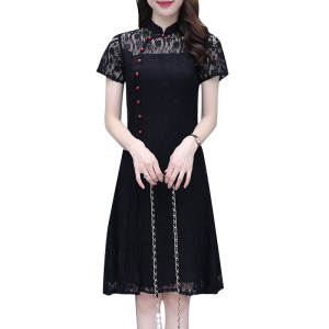 PS31021# 黑色蕾丝中长款旗袍新款中国风改良年轻款复古连衣裙夏 服装批发女装直播货源