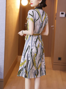 RM19129#真丝印花连衣裙女2023夏装新款设计感撞色翻领修身系带轻熟风裙子