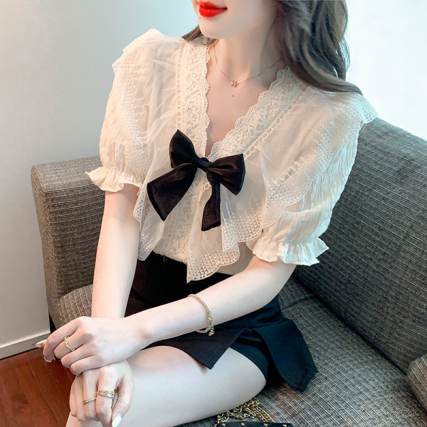 RM2052#夏季新款网纱拼接蕾丝花边荷叶边气质短袖雪纺衫上衣女