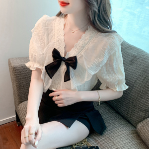 RM2052#夏季新款网纱拼接蕾丝花边荷叶边气质短袖雪纺衫上衣女