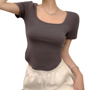 PS30079# 夏季新款设计感下摆开叉方领短款T恤女修身薄上衣 服装批发女装直播货源