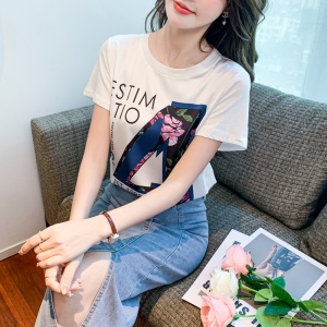 RM20501#白色真丝t恤女夏2023新款短袖宽松设计感欧美字母印花ins潮上衣