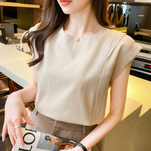 PS23765# 韩国女装新款夏麻棉圆领套头无袖衬衣显瘦修身通勤女 服装批发女装直播货源