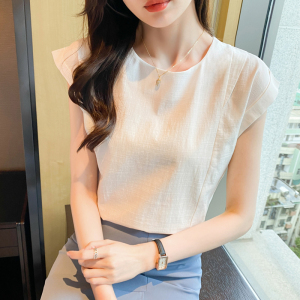 PS23765# 韩国女装新款夏麻棉圆领套头无袖衬衣显瘦修身通勤女 服装批发女装直播货源