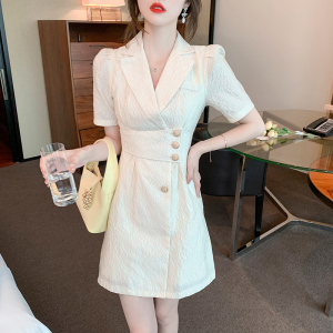 PS41918# 夏季新款法式优雅西装领纯色裙子短袖连衣裙女 服装批发女装直播货源