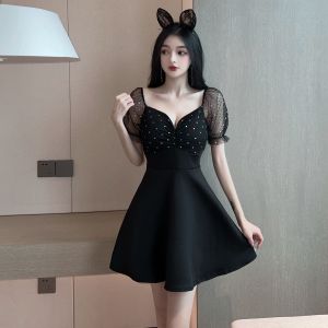 Low cut sexy stitched A-line dress