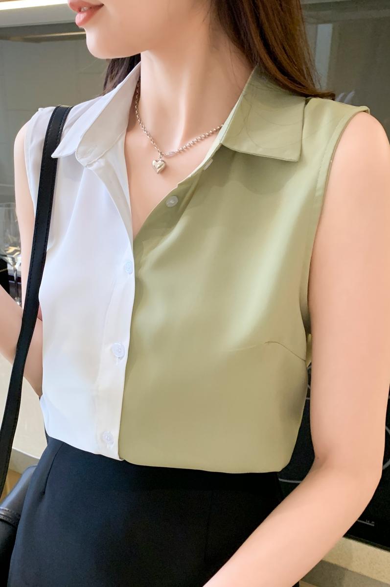 實拍洋氣拼接夏季坎肩背心女外穿襯衫無袖雪紡打底衫內搭上衣