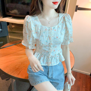 RM2056#夏季新款方领碎花气质短袖超仙上衣重工T恤小衫女