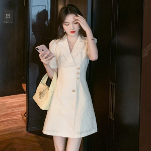 PS41918# 夏季新款法式优雅西装领纯色裙子短袖连衣裙女 服装批发女装直播货源