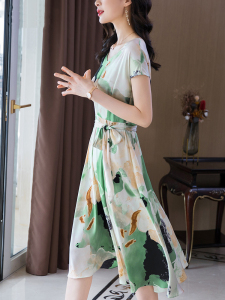 RM19131#短袖连衣裙女2023夏季新款高端气质复古印花修身显瘦v领系带a字裙