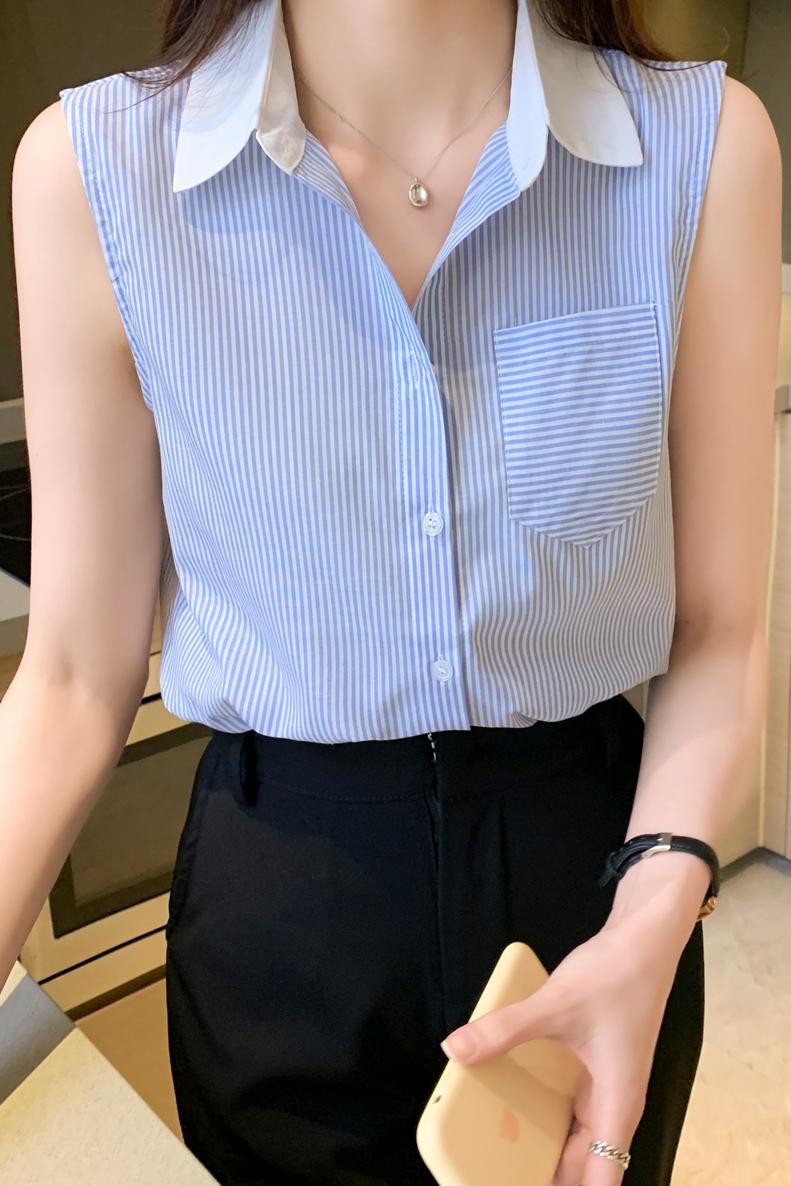 實拍洋氣條紋夏季坎肩背心女外穿襯衫無袖雪紡打底衫內搭上衣
