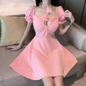 Sexy hollow out low cut big swing short sleeved dress