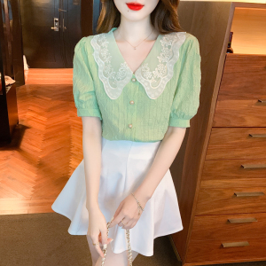 PS41595# 夏季新款法式小众翻领泡泡袖拼接压褶排扣绿色衬衫上衣女潮