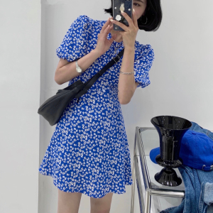 PS29180# 夏韩版小碎花泡泡袖气质短袖连衣裙 服装批发女装直播货源