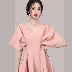 RM1611#新款收腰褶皱显瘦连衣裙橘粉色洋气少女气质裙子