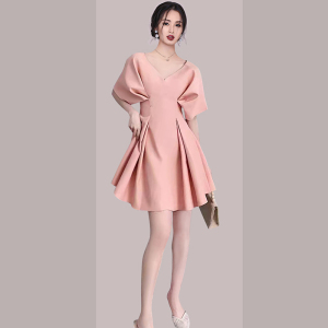 RM1611#新款收腰褶皱显瘦连衣裙橘粉色洋气少女气质裙子