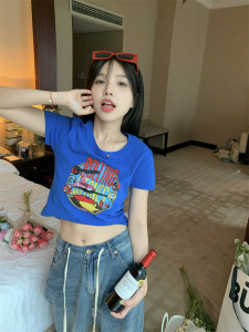 PS28538# 韩系少女卡通趣味图案圆领短款小恤T~