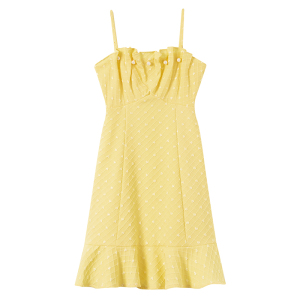 PS21987# 夏季新款小众法式气质设计感收腰显瘦黄色吊带连衣裙 服装批发女装直播货源
