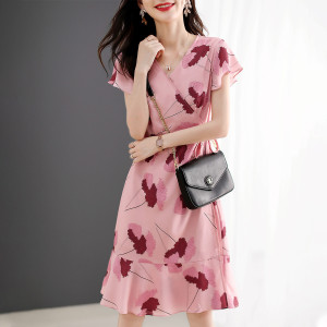 TR37137# 夏季显瘦茶歇裙V领系带印花裙子连衣裙 服装批发女装批发服饰货源