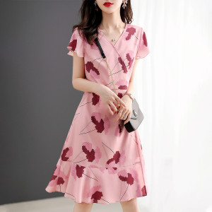 TR37137# 夏季显瘦茶歇裙V领系带印花裙子连衣裙 服装批发女装批发服饰货源