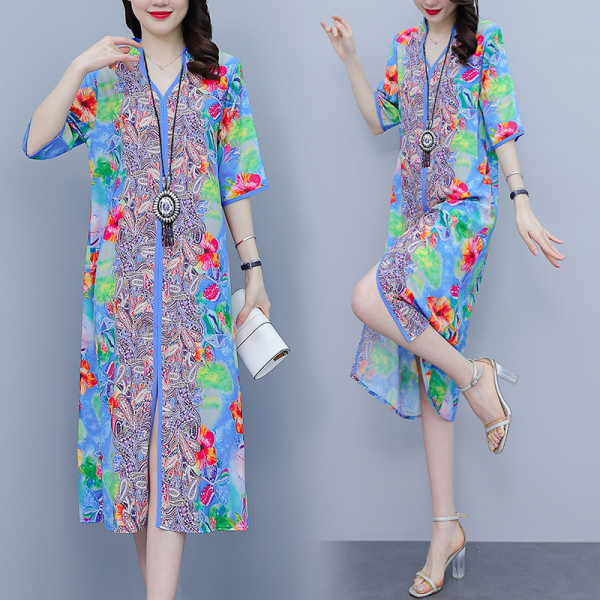 RM8426#新款夏季气质大牌裙子妈妈高端重磅民族风印花短袖连衣裙
