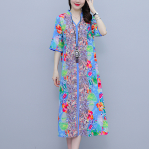 RM8426#新款夏季气质大牌裙子妈妈高端重磅民族风印花短袖连衣裙