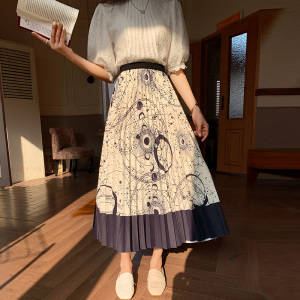 PS25221# 松紧高腰设计感线条抽象印花百褶半身中长裙子 服装批发女装直播货源