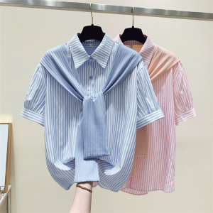PS26853# 条纹长袖衬衫短袖新款女装假两件套粉色上衣设计感衬衣夏季 服装批发女装直播货源