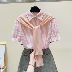 PS26853# 条纹长袖衬衫短袖新款女装假两件套粉色上衣设计感衬衣夏季 服装批发女装直播货源