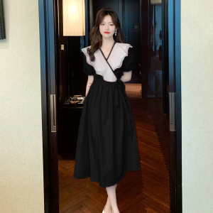 RM9472#夏季新款法式复古双层荷叶领一片式长款显瘦连衣裙