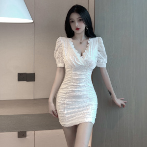 V-neck low cut lace short sleeved Hip Wrap Dress