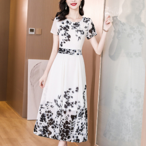 KM22147#中国风黑白水墨画连衣裙夏季新款大码显瘦40岁长裙仙女裙