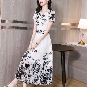 KM22147#中国风黑白水墨画连衣裙夏季新款大码显瘦40岁长裙仙女裙