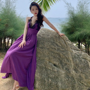 PS30640# 紫色V领连衣裙夏季新款蕾丝拼接女神范露肩气质复古长裙子 服装批发女装直播货源