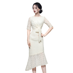 RM4619#新款女装气质优雅圆领抽褶荷叶边提花连衣裙