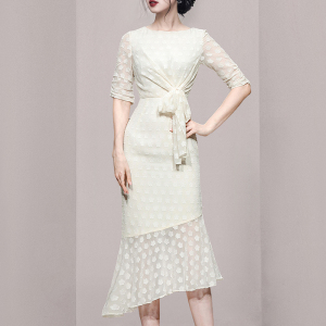 RM4619#新款女装气质优雅圆领抽褶荷叶边提花连衣裙